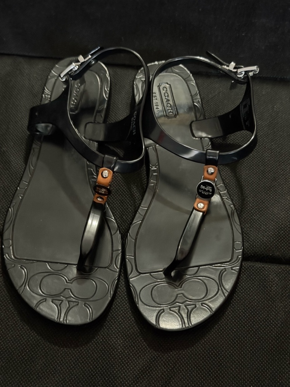 Coach Black Jelly T-Strap Sandals with Brown Accent Tabs Size 6